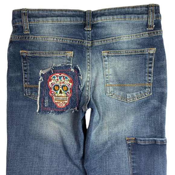 Cat Jack Stretch Jeans Day of the Dead Boho Sugar Skull Patch Red Black Girls 14 - Picture 8 of 12